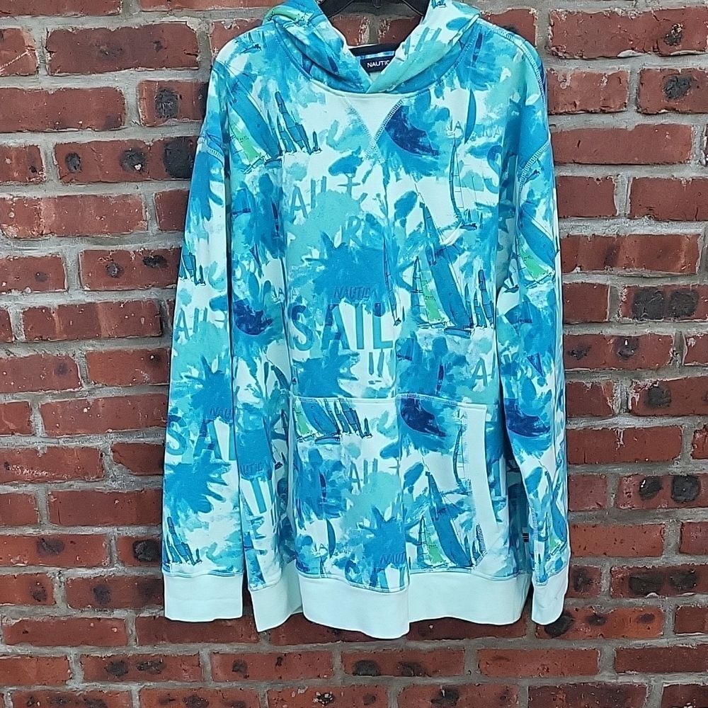 Nautica Teal and White Graphic Hoodie